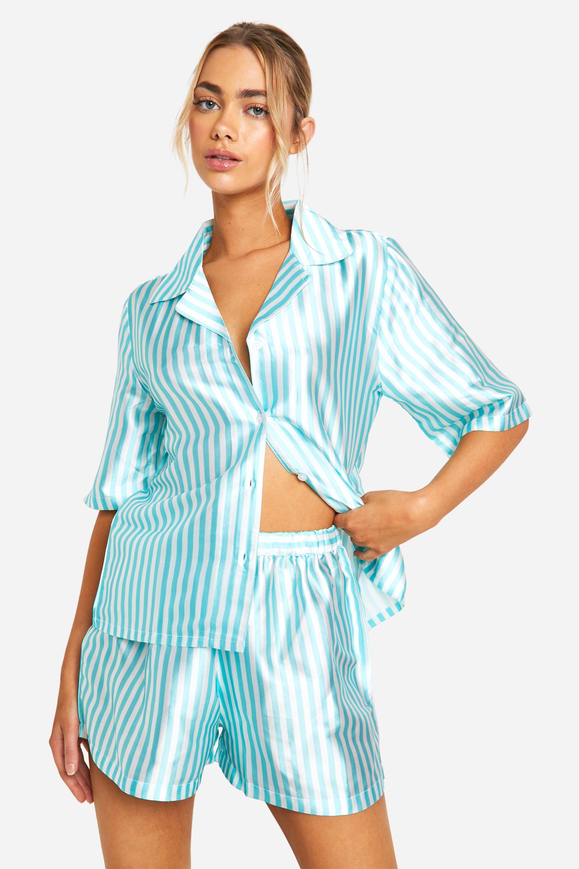 Womens Green Stripe Button Up Satin Pj Short Set - 6, Green